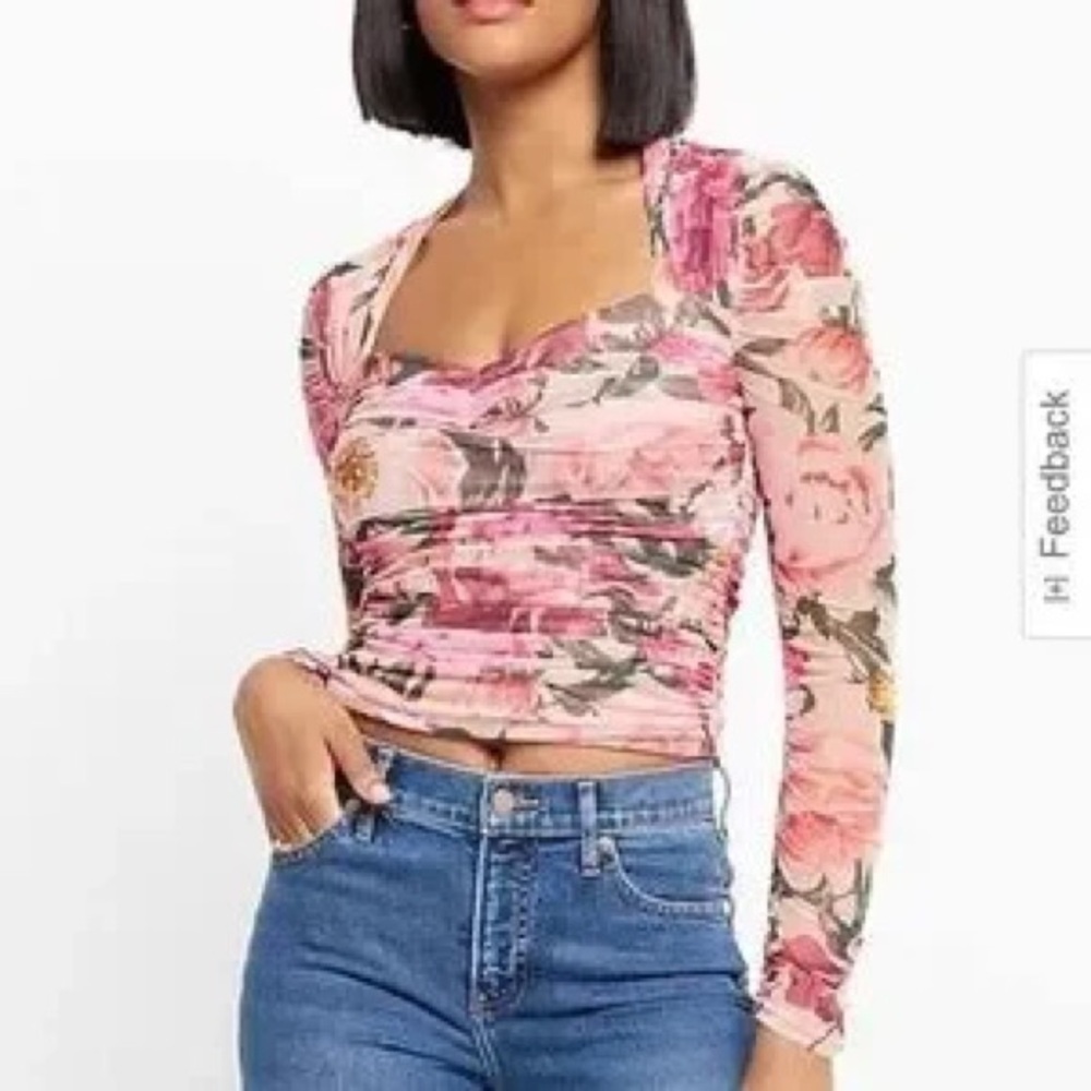 Express Pink Floral Sheer Long Sleeve Crop Top